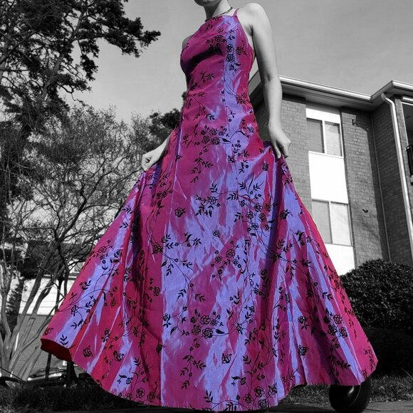 ₊˚ .✿ vintage 90s purple and red iridescent prom dress with black velvet flowers